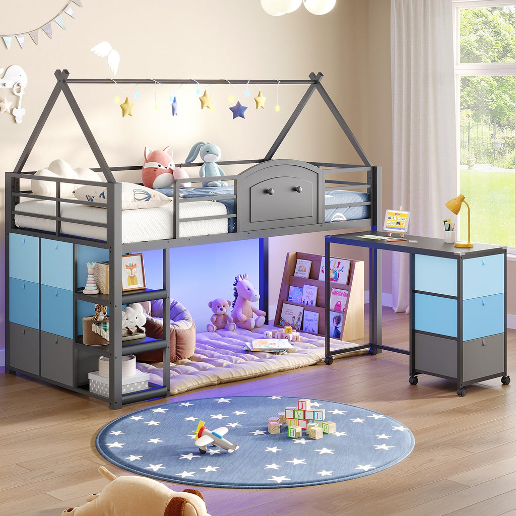 Twin Metal Loft Bed with Desk and Storage D39297