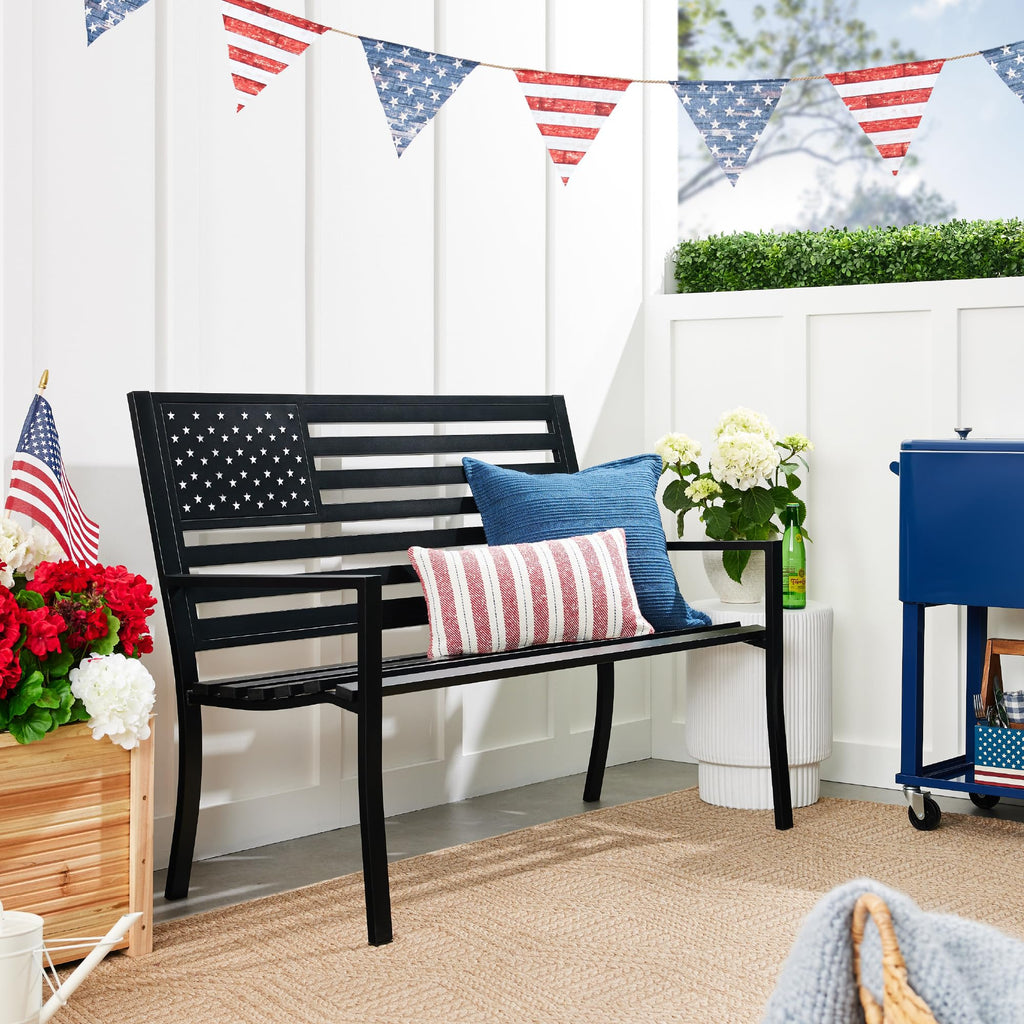 2-Person Steel Indoor/Outdoor Bench with American Flag, 790lb Capacity - Black S86507