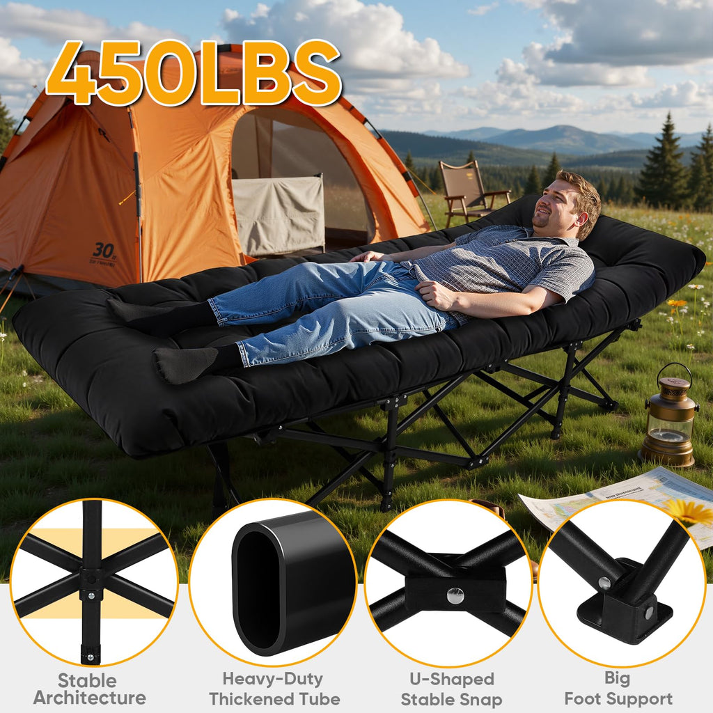 Camping Cot with Thick Mattress and Side Pocket, Black N640438