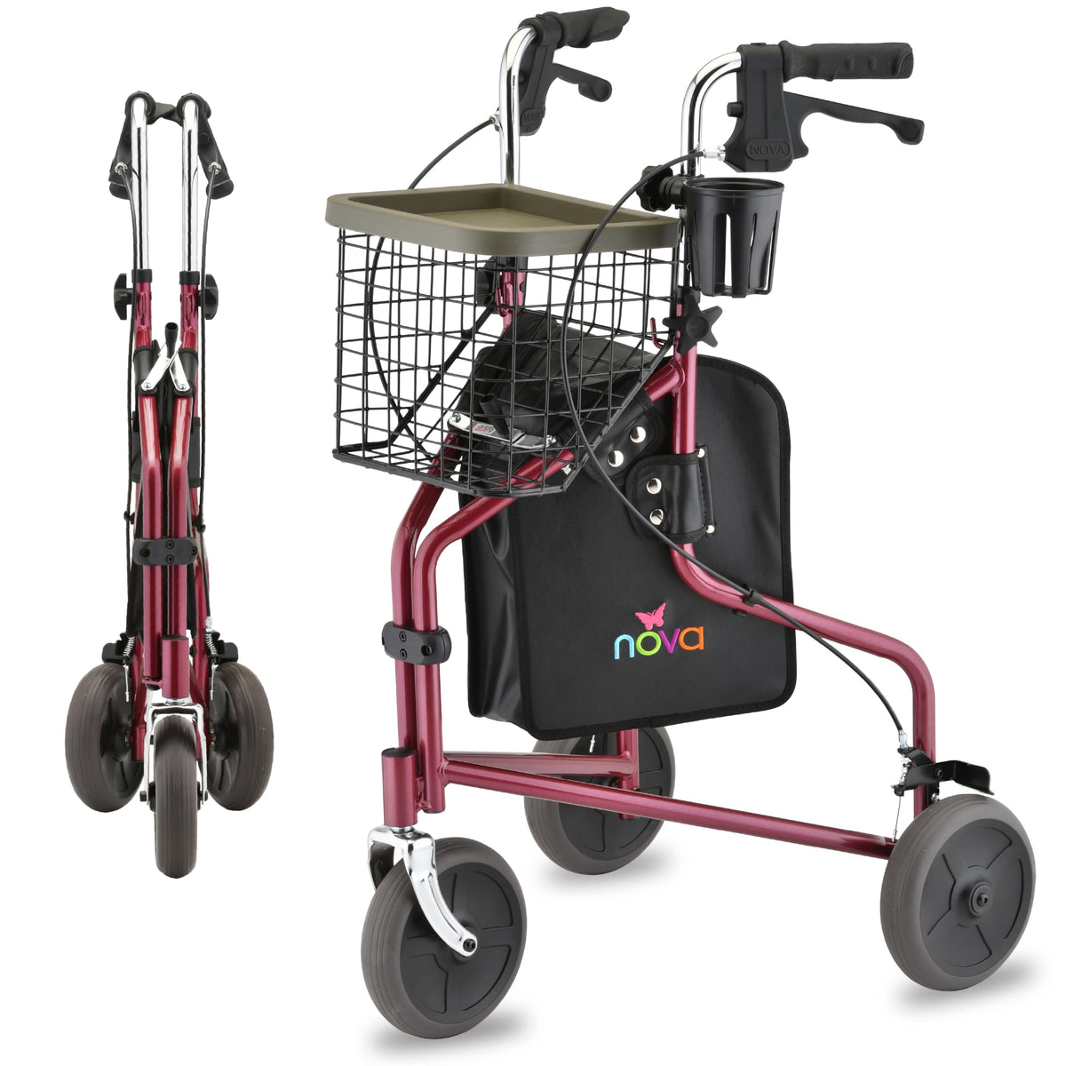 Folding 3-Wheel Walker with Tray Basket Pouch Cup Holder Z86715