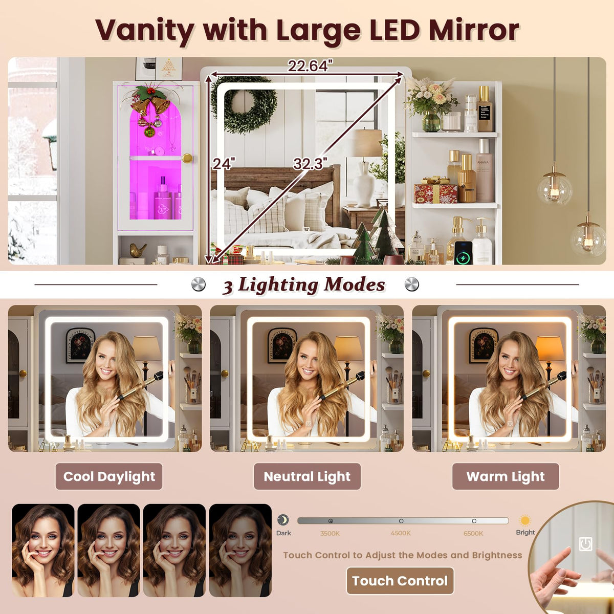 White Vanity Desk with Mirror and LED Lights T9321