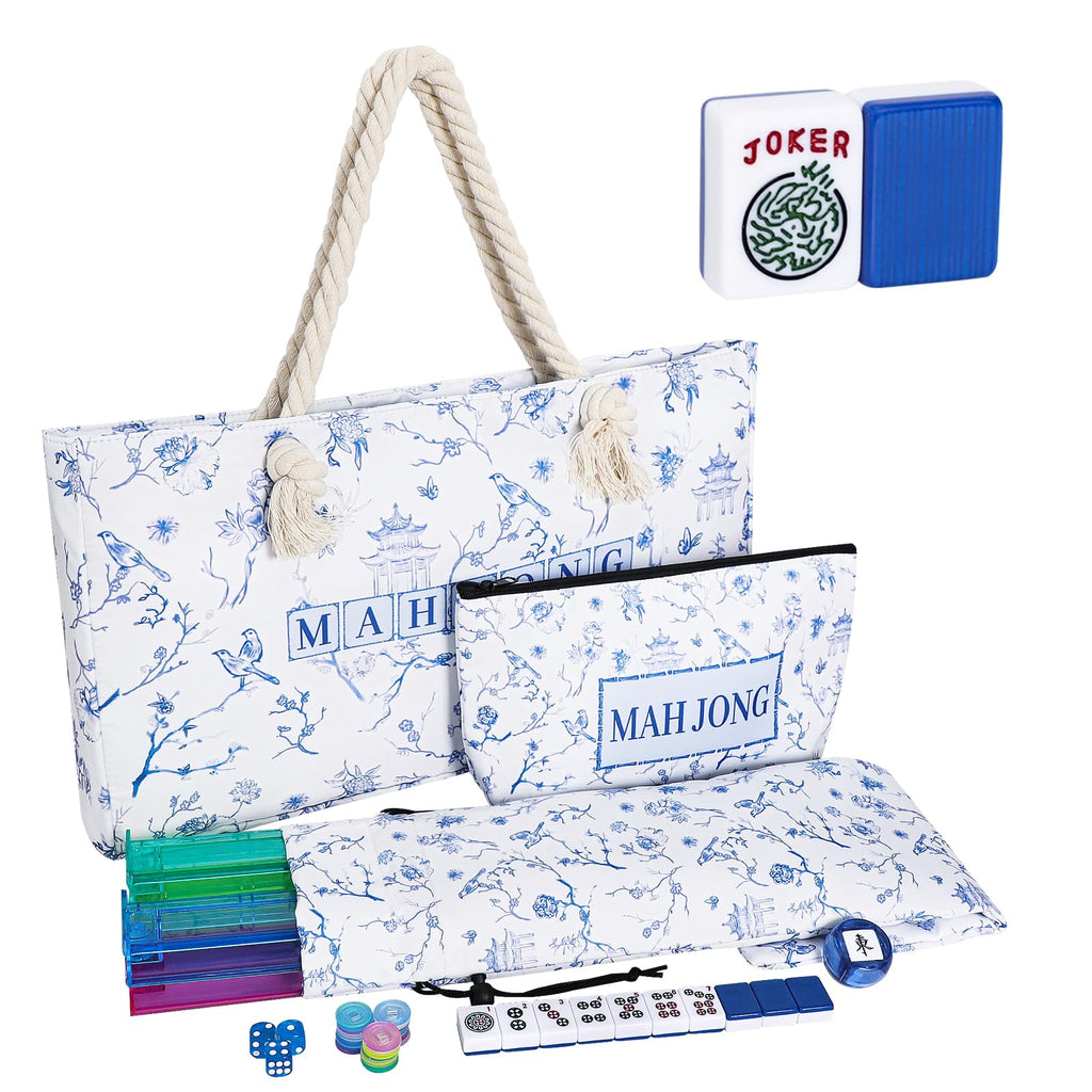 166 Blue Mahjong Tile Set with Bag and 4 All-in-One Rack/Pushers W376