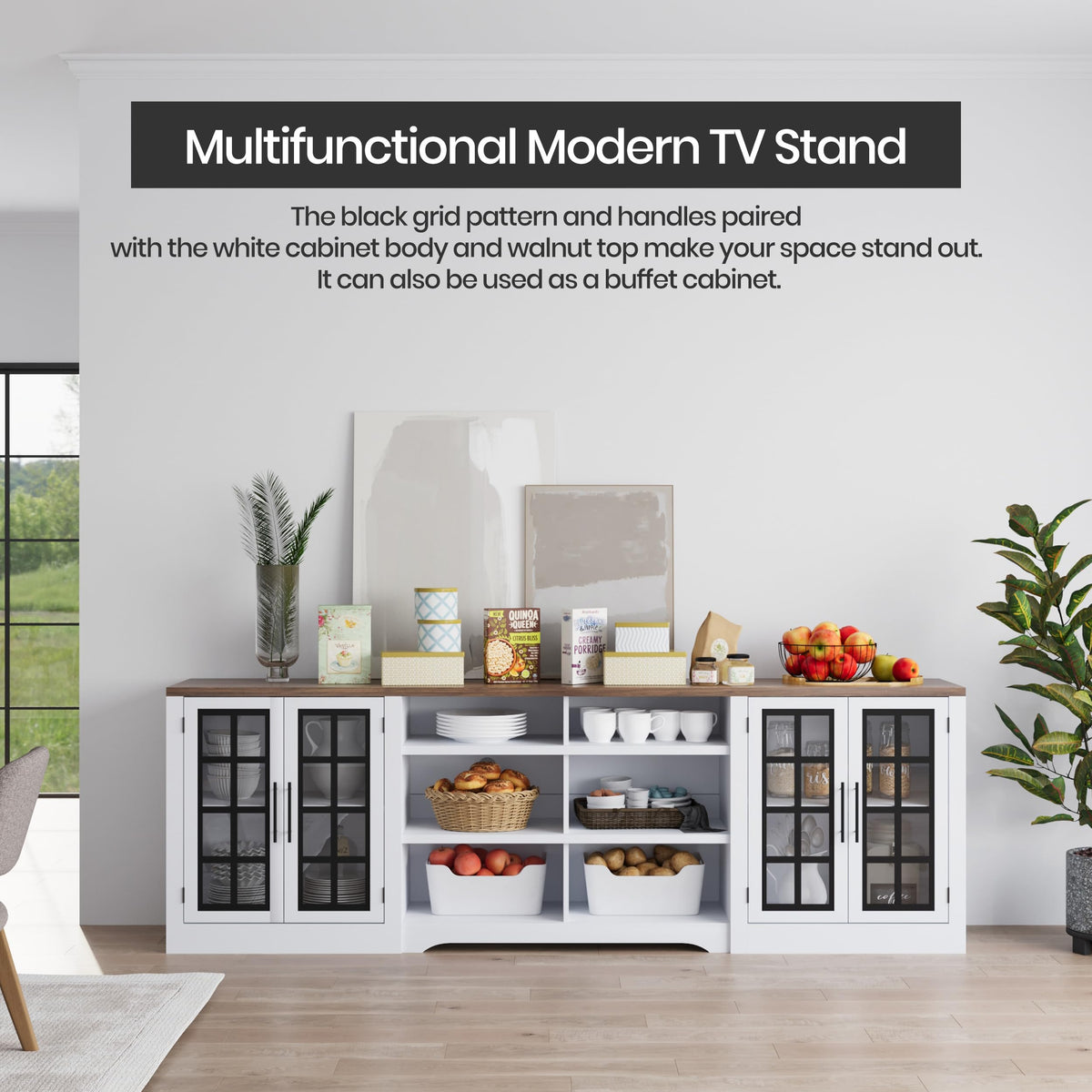 White TV Stand with Storage Cabinet and 3-Tier Open Shelves F61518