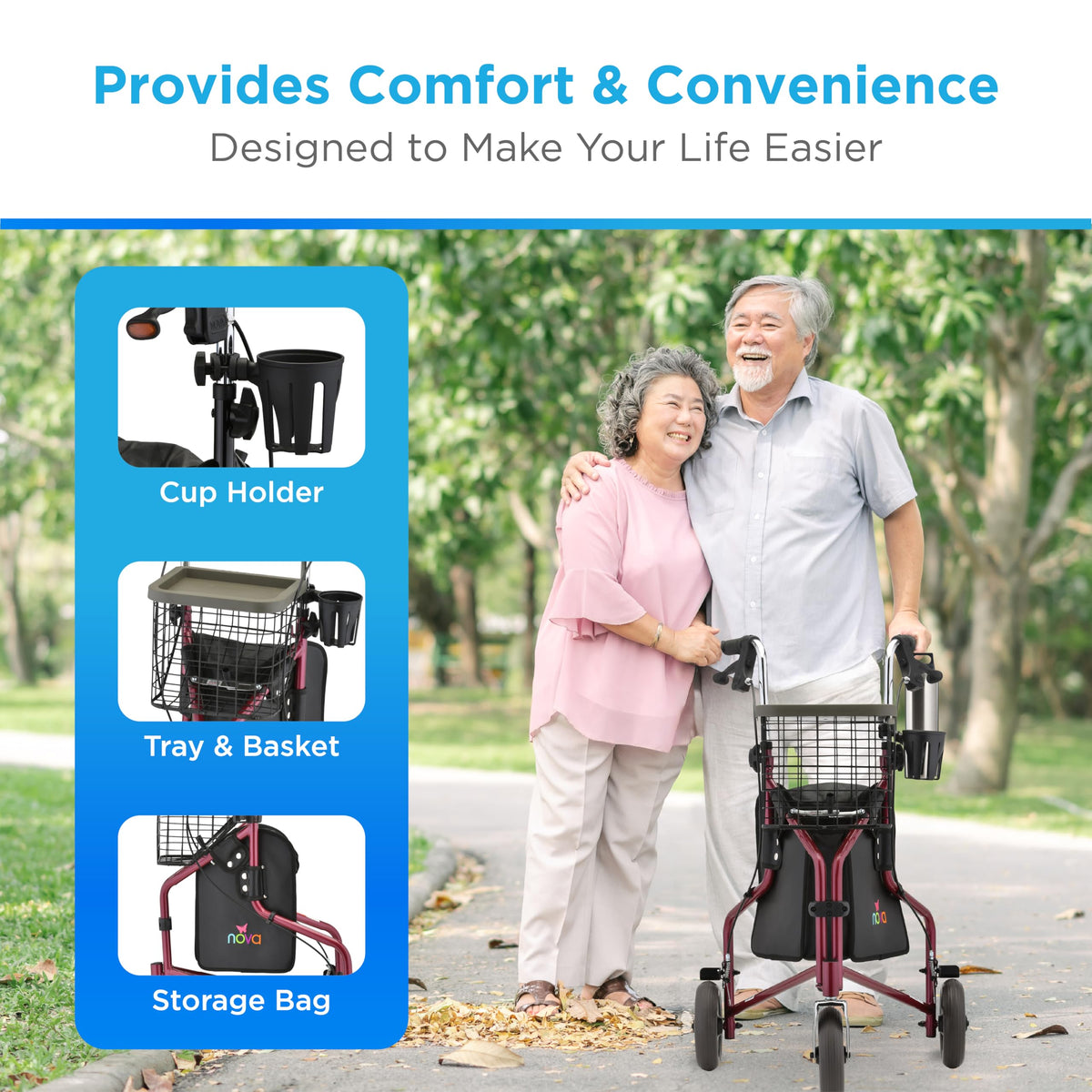 Folding 3-Wheel Walker with Tray Basket Pouch Cup Holder Z86715