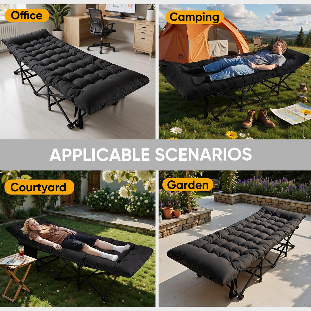 Camping Cot with Thick Mattress and Side Pocket, Black N640438
