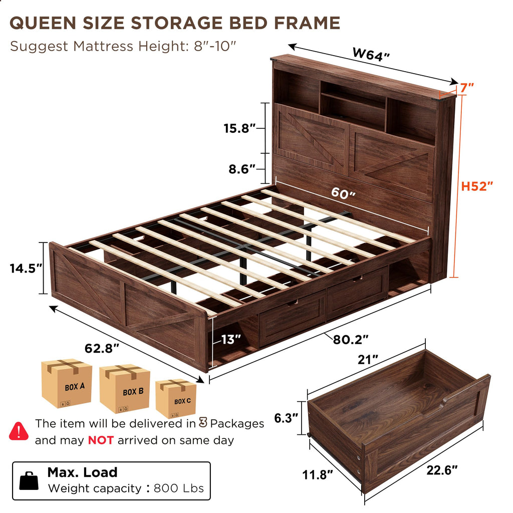 Queen Size Wood Bed Frame with Storage Headboard and 4 Drawers Q956