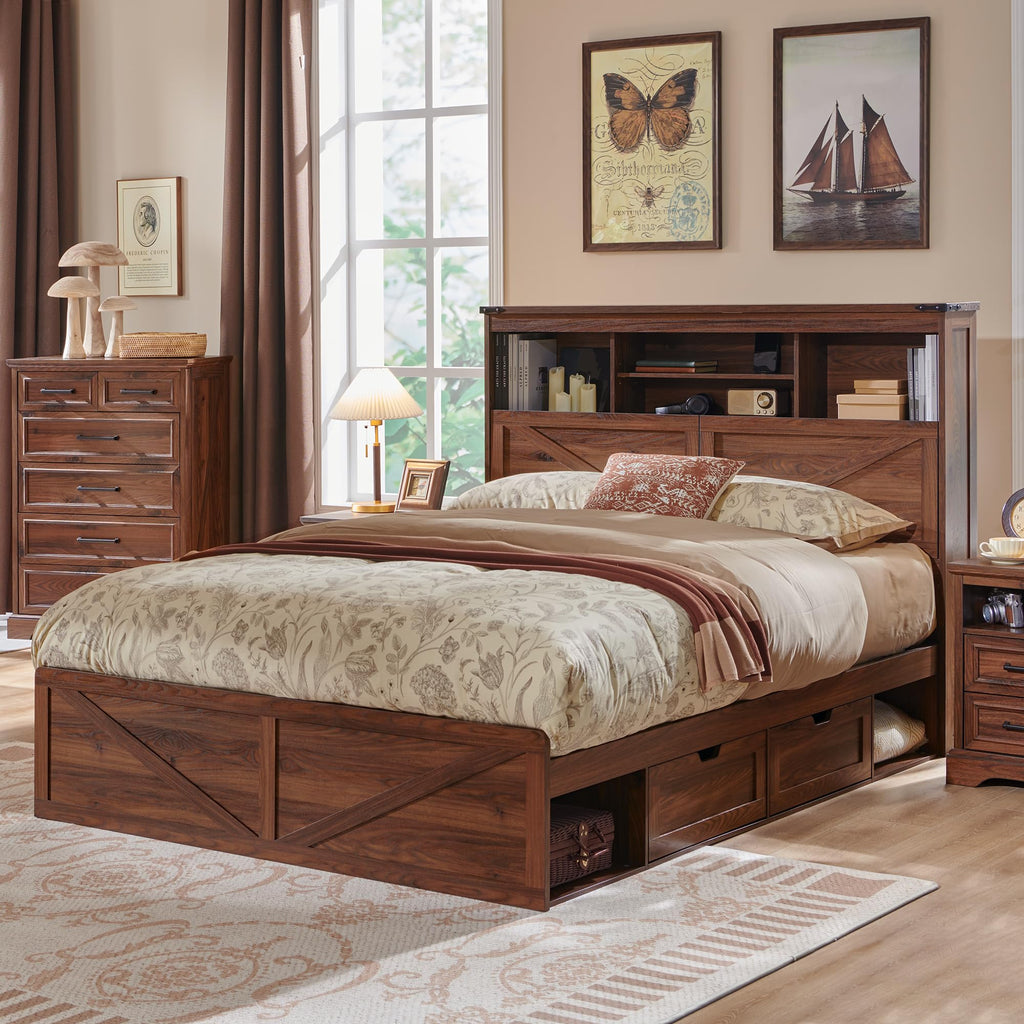 Queen Size Wood Bed Frame with Storage Headboard and 4 Drawers Q956