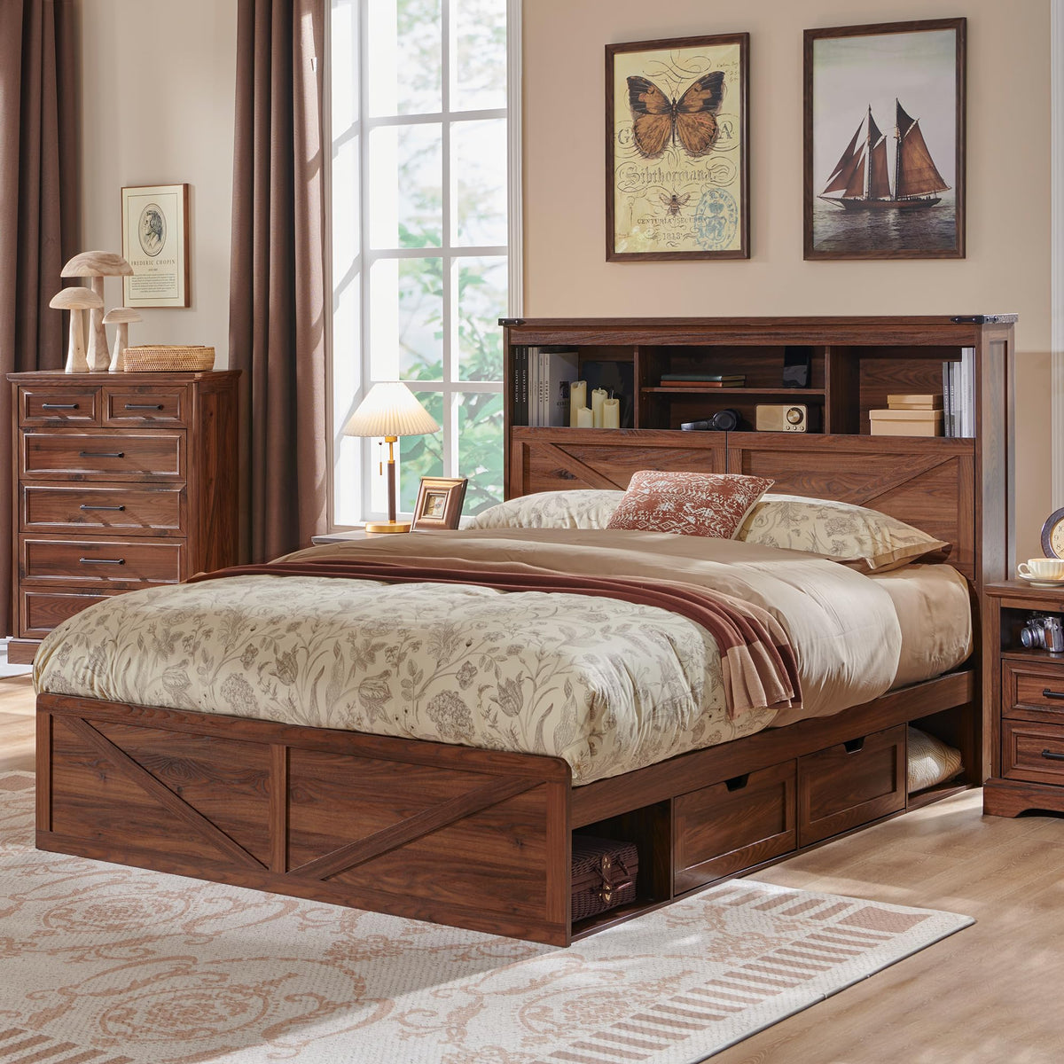 Queen Size Wood Bed Frame with Storage Headboard and 4 Drawers Q956