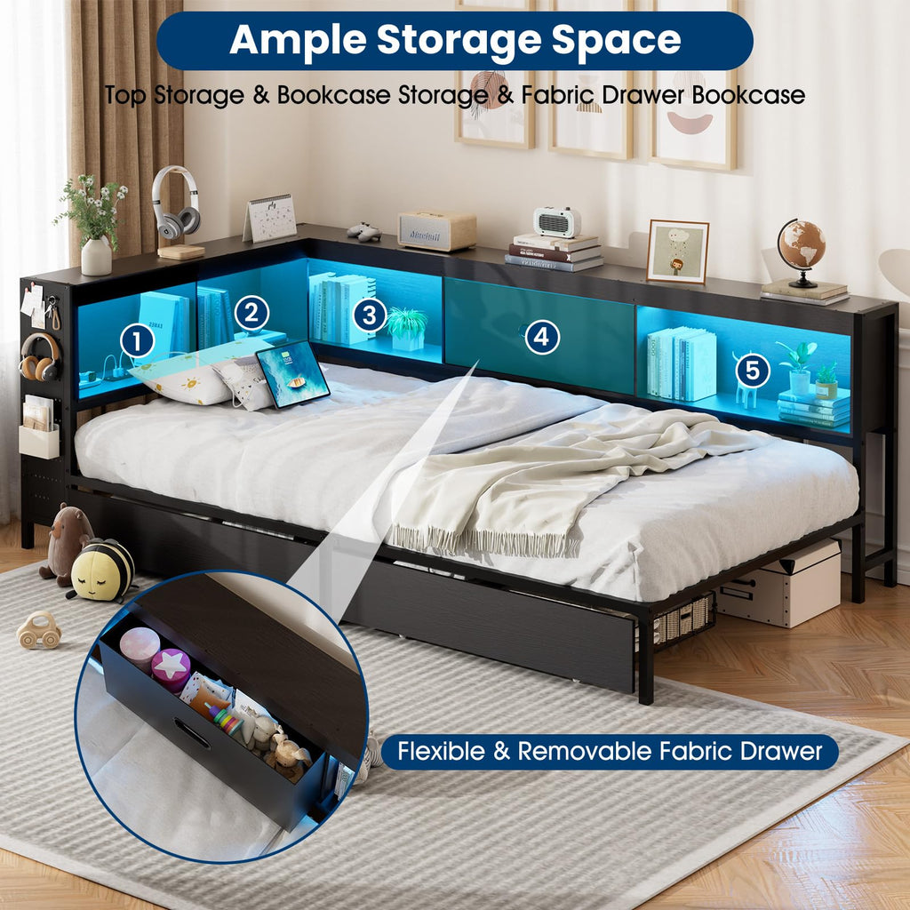 Twin Size Metal Corner Bed Frame with Storage Bookcase Headboard J96005