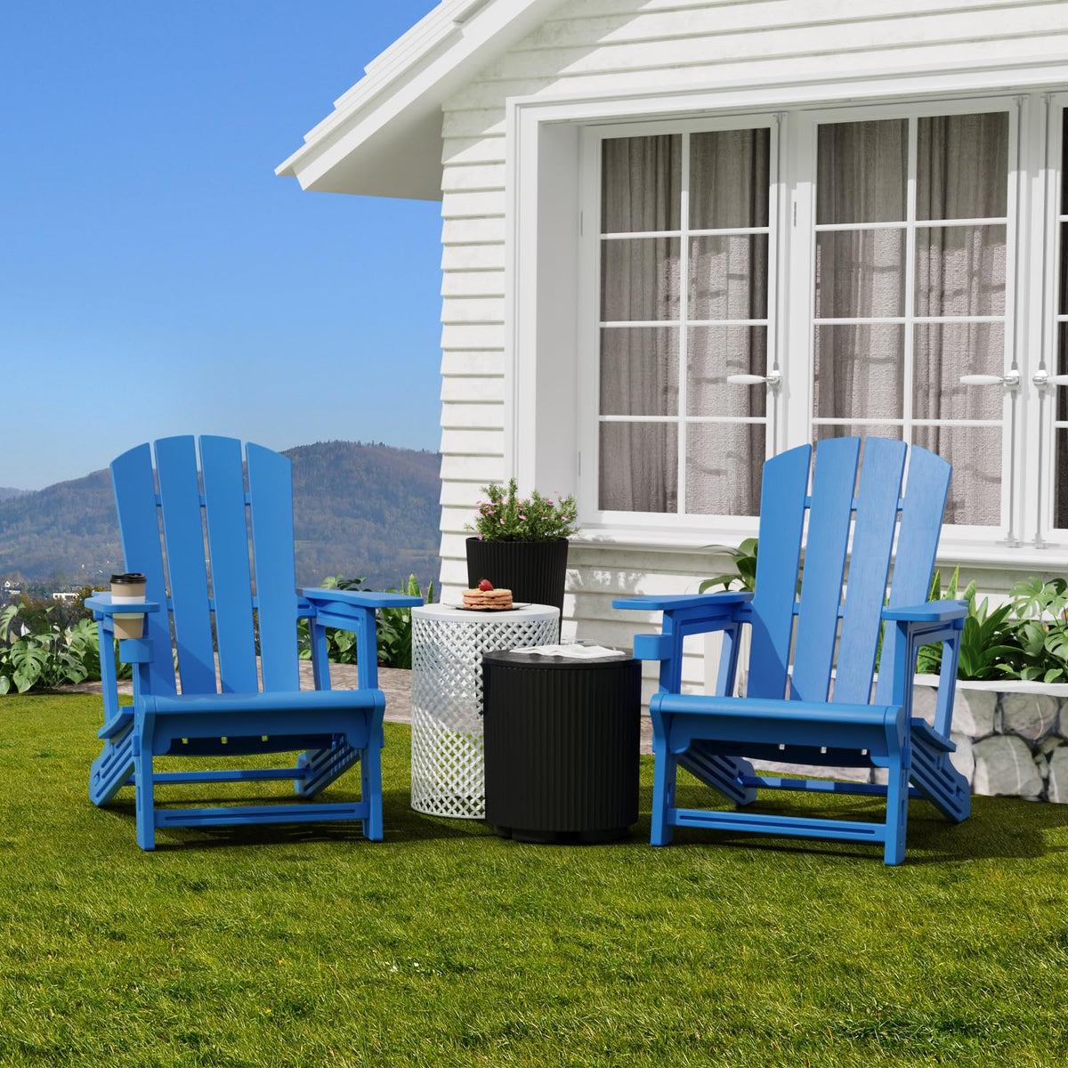 Klein Blue Plastic Adirondack Chairs Set of 2 with Cup Holder W6062