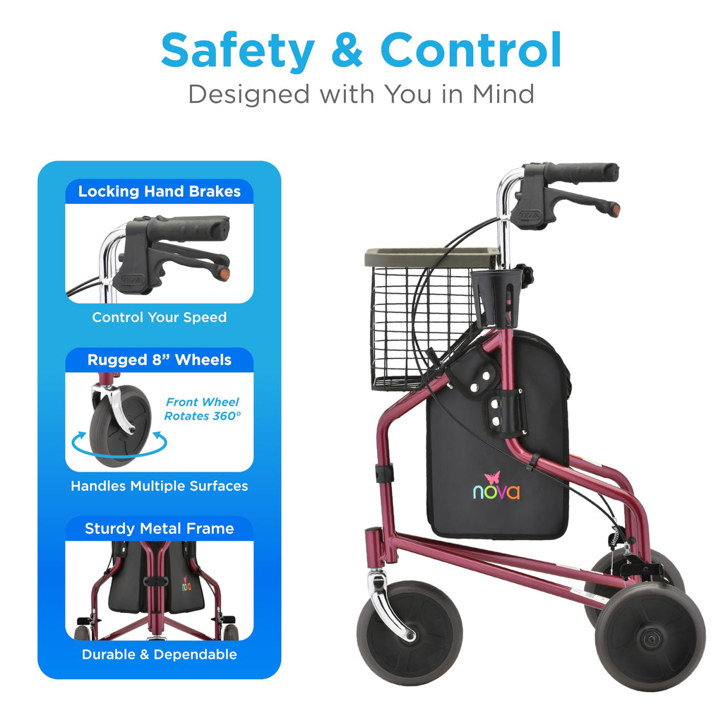 Folding 3-Wheel Walker with Tray Basket Pouch Cup Holder Z86715