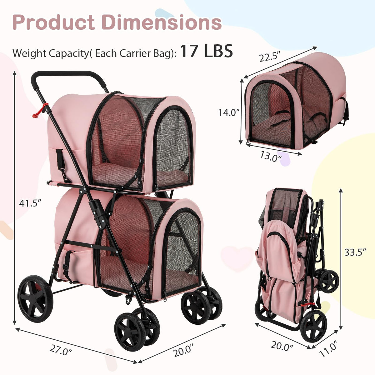 Double Pet Stroller with 2 Detachable Carrier Bags Pink H904