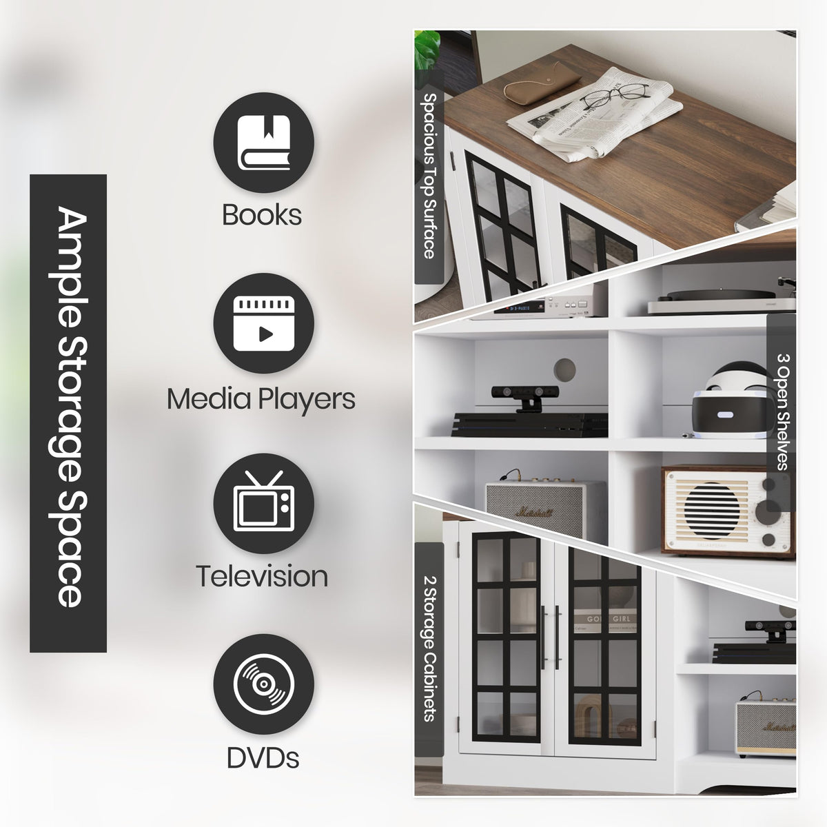 White TV Stand with Storage Cabinet and 3-Tier Open Shelves F61518