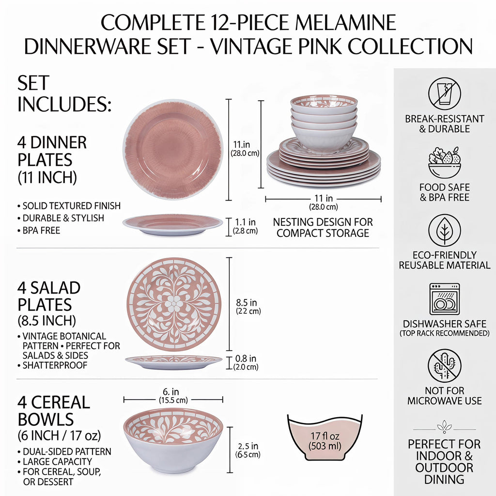 12 Pcs Light Pink Melamine Dinnerware Set Y486450