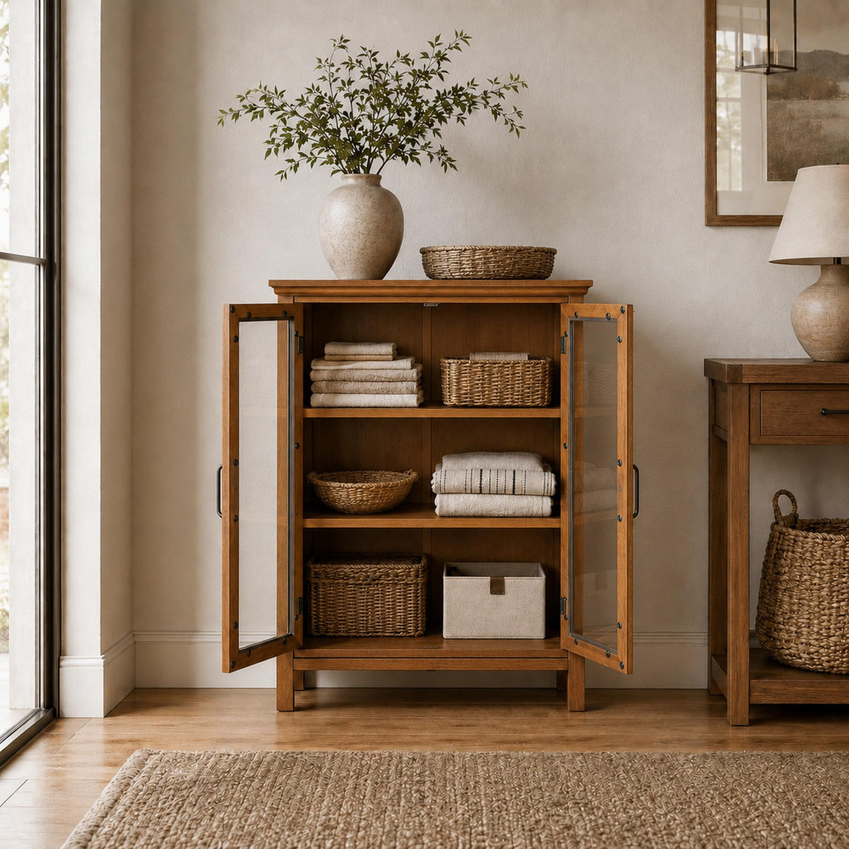 Wooden Freestanding Floor Cabinet with 2 Adjustable Shelves and 2 Glass Paneled Doors I295