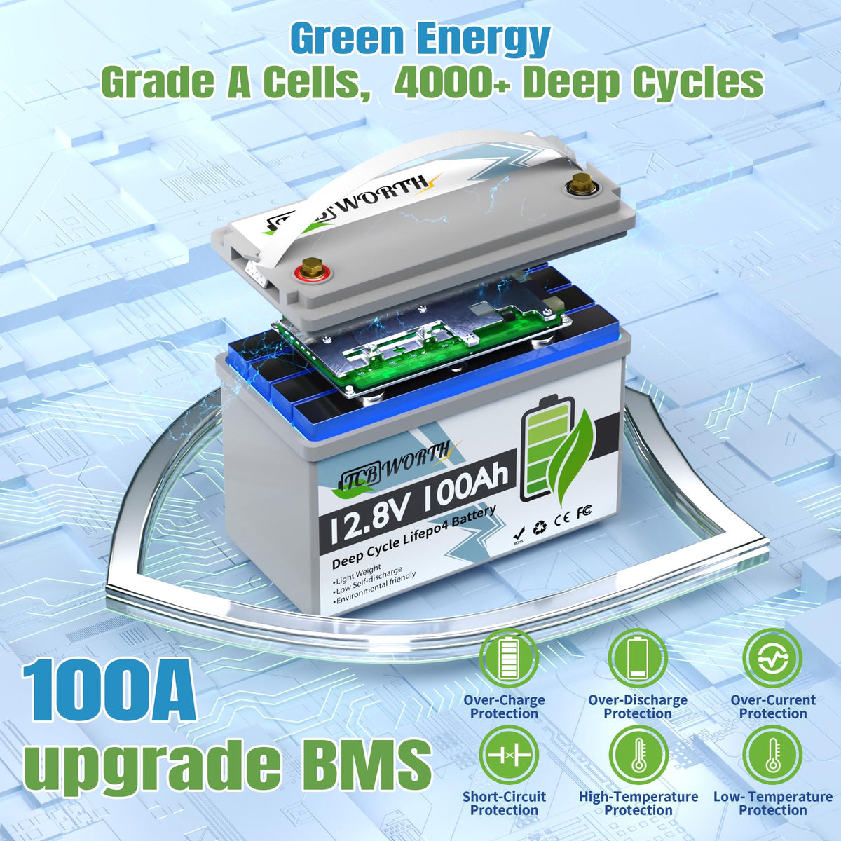 12V 100Ah LiFePO4 Deep Cycle Lithium Battery with 100A BMS P53343