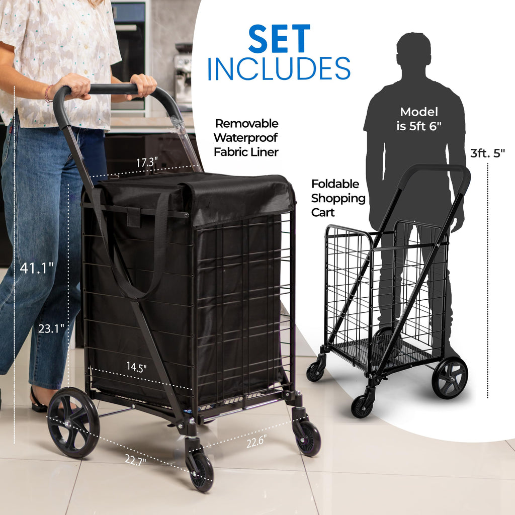 Large Folding Utility Shopping Cart with Removable Liner, 110 lb Capacity, Black K23986