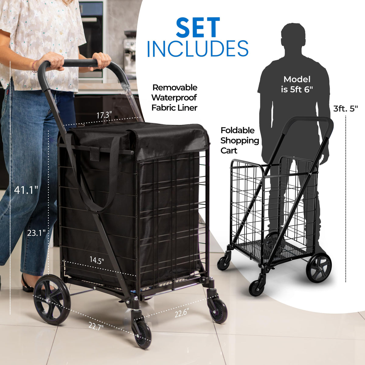 Large Folding Utility Shopping Cart with Removable Liner, 110 lb Capacity, Black K23986