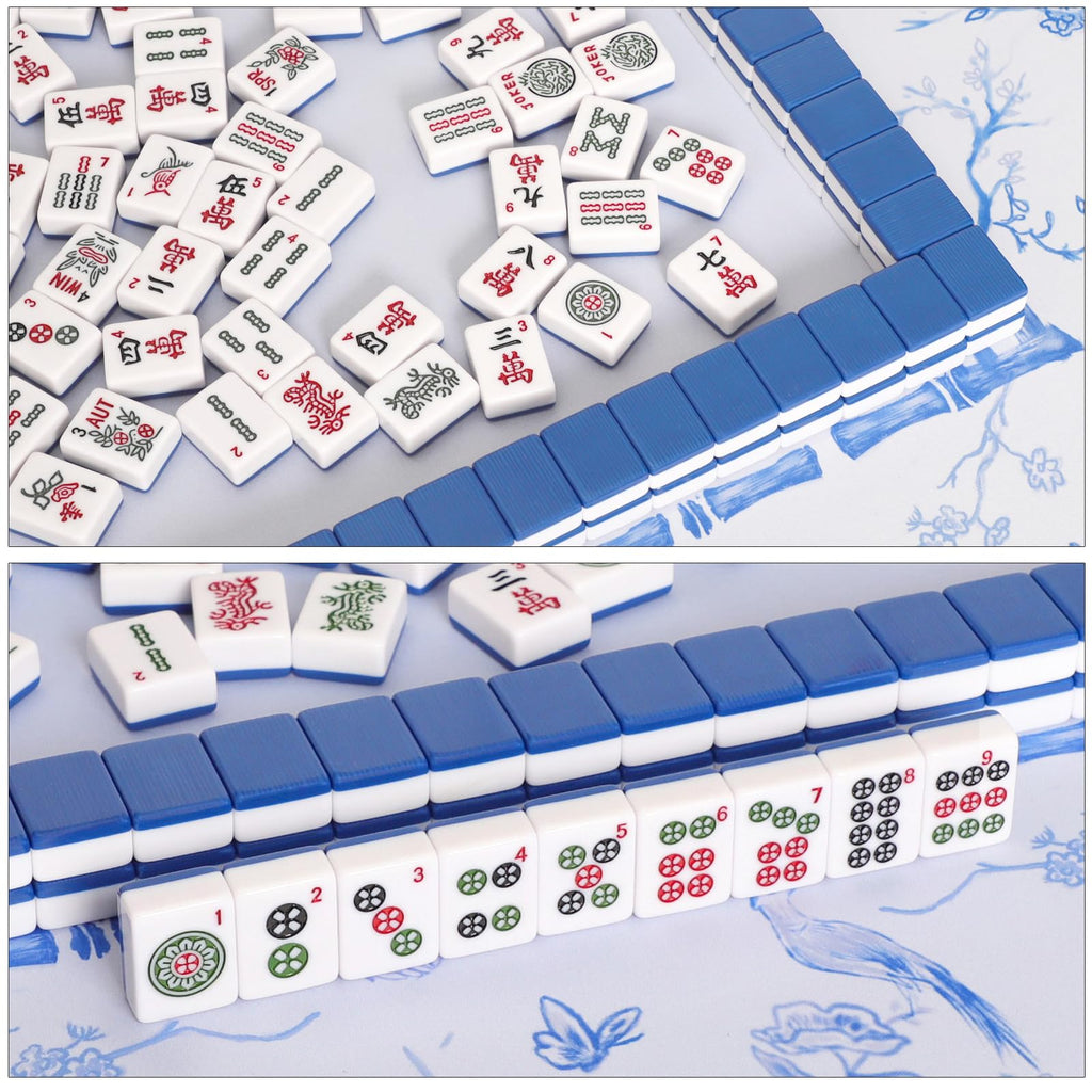 166 Blue Mahjong Tile Set with Bag and 4 All-in-One Rack/Pushers W376