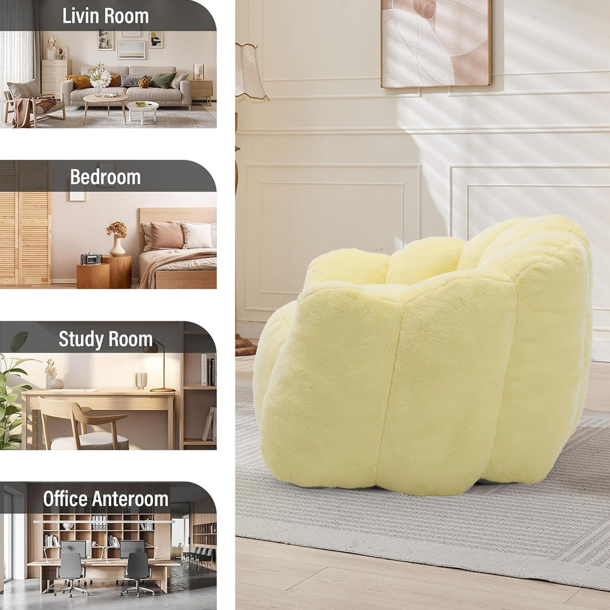 Large Yellow Faux Fur Bean Bag Chair N482595