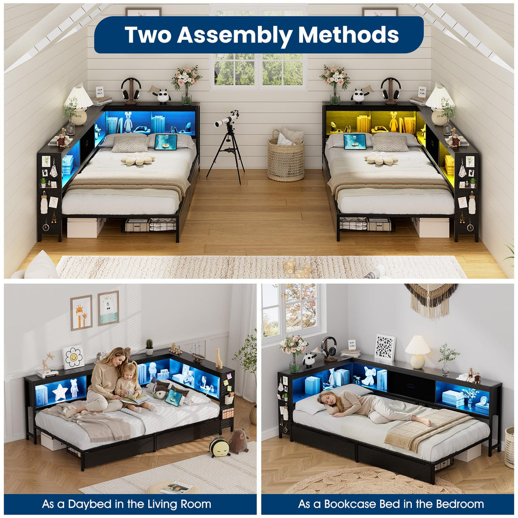 Twin Size Metal Corner Bed Frame with Storage Bookcase Headboard J96005