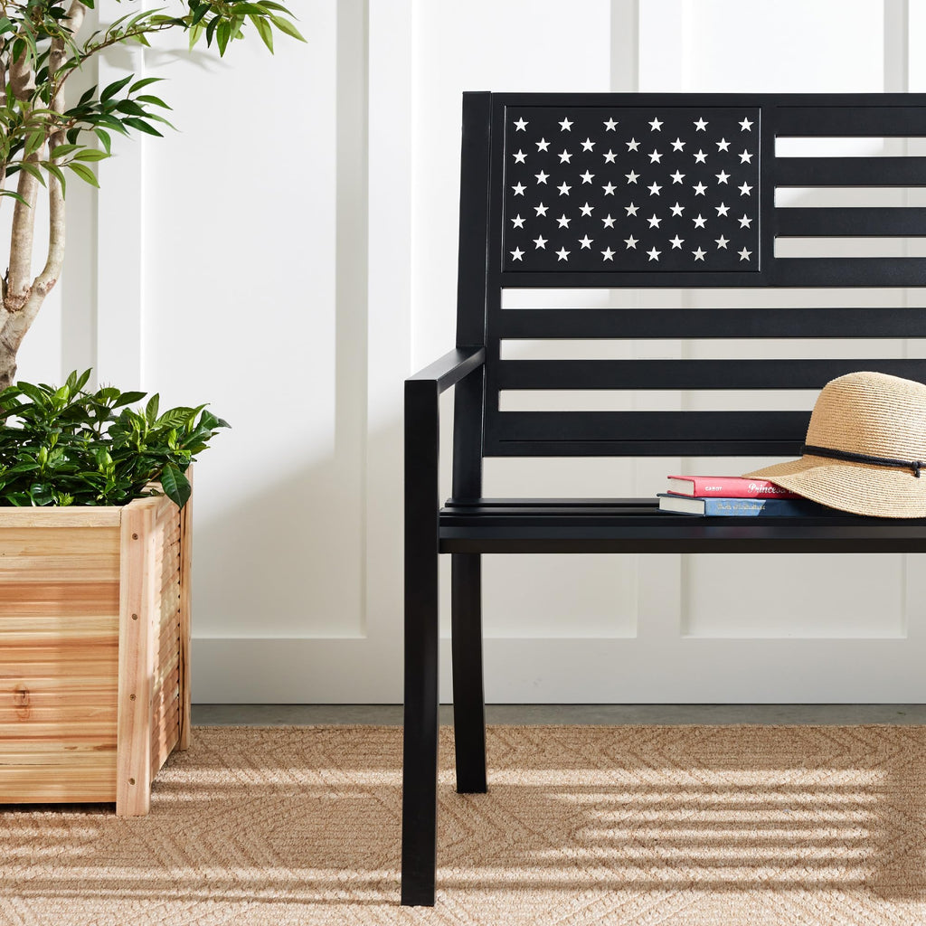 2-Person Steel Indoor/Outdoor Bench with American Flag, 790lb Capacity - Black S86507