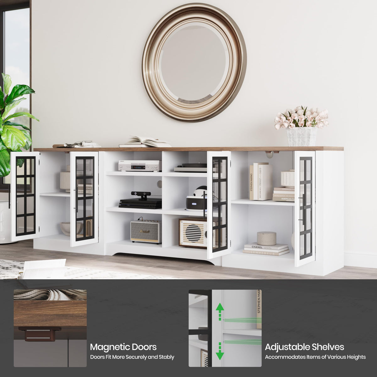 White TV Stand with Storage Cabinet and 3-Tier Open Shelves F61518