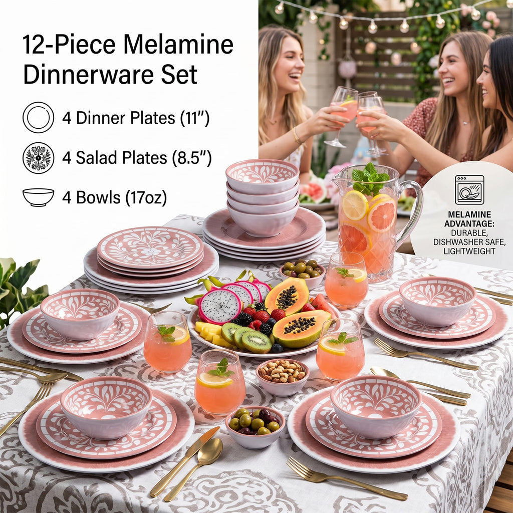 12 Pcs Light Pink Melamine Dinnerware Set Y486450
