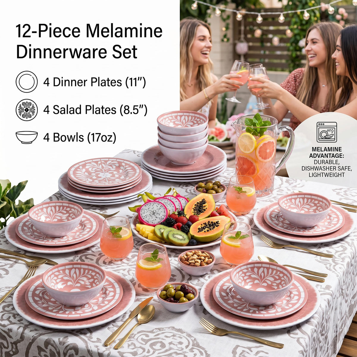 12 Pcs Light Pink Melamine Dinnerware Set Y486450