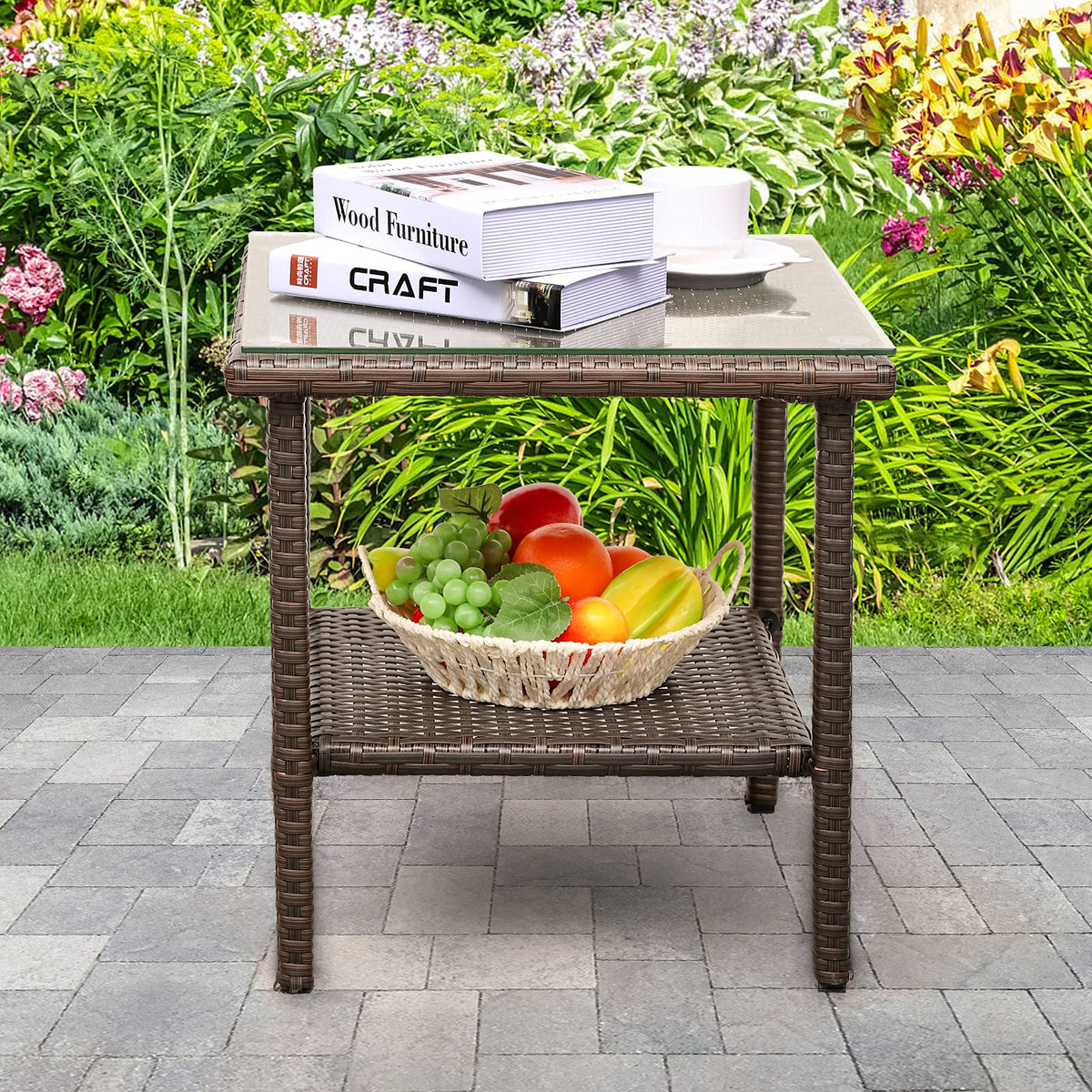 Outdoor PE Wicker Side Table with Glass Top I86818