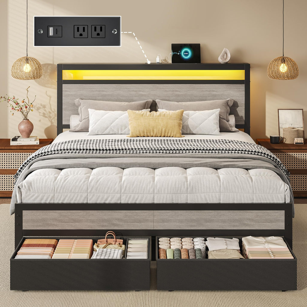 Queen Size Storage Bed Frame with Wood Headboard and LED Lights O1308