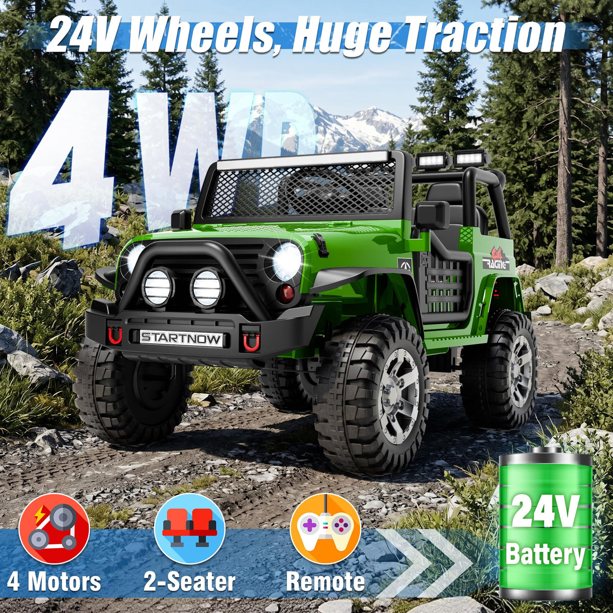 24V 4WD Ride on Truck Car with 800W Motors, Remote Control, 2 Seaters, Green L4125
