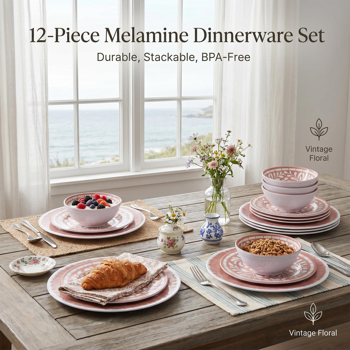 12 Pcs Light Pink Melamine Dinnerware Set Y486450