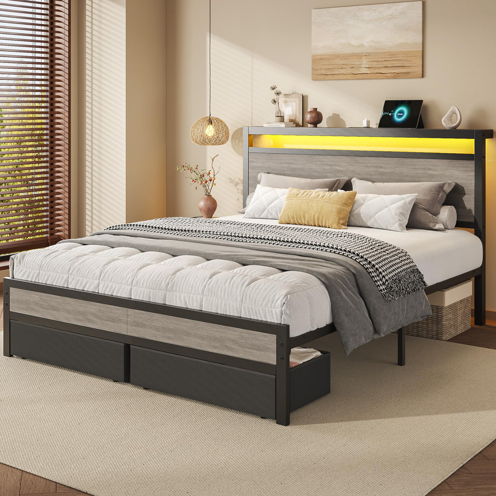 Queen Size Storage Bed Frame with Wood Headboard and LED Lights O1308