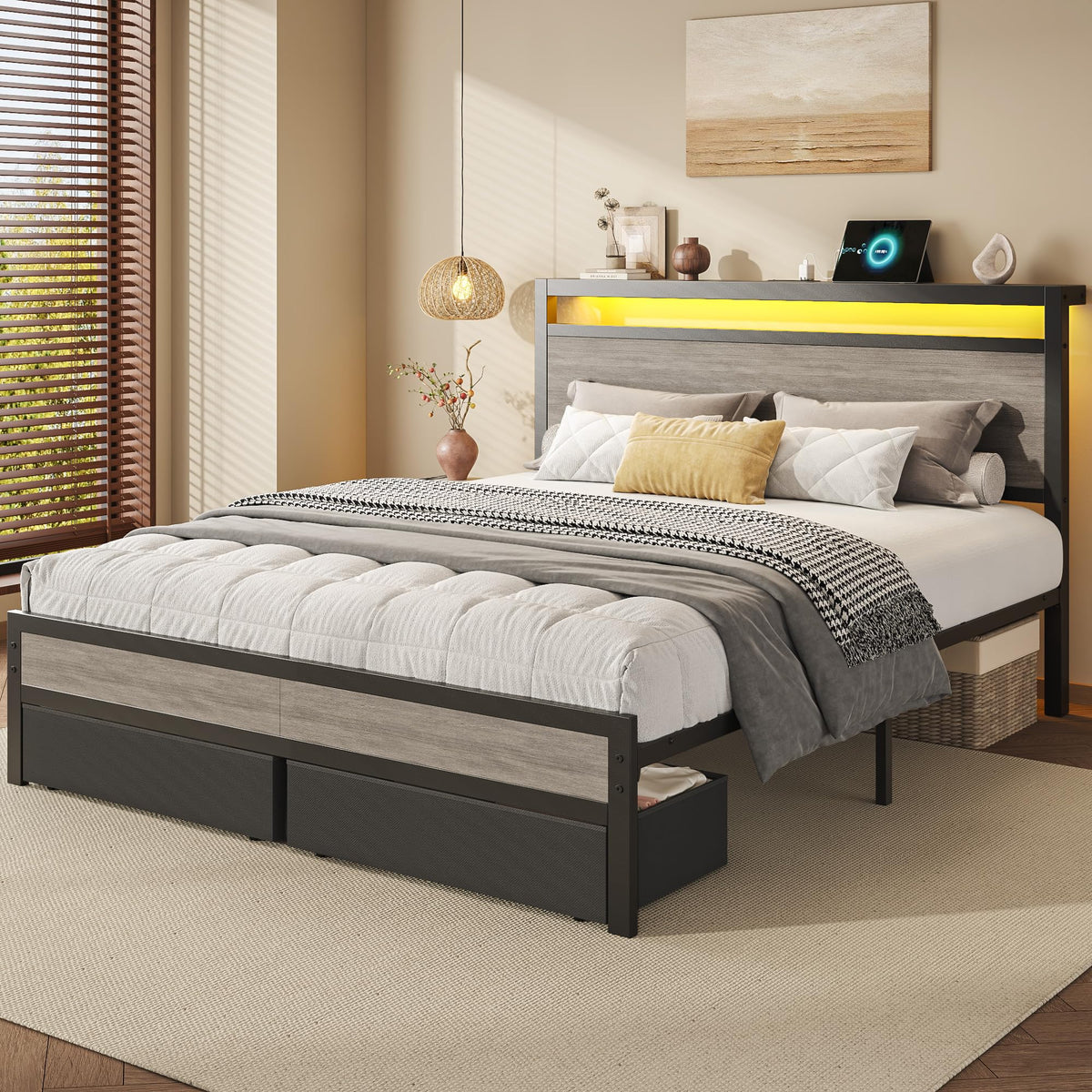 Queen Size Storage Bed Frame with Wood Headboard and LED Lights O1308