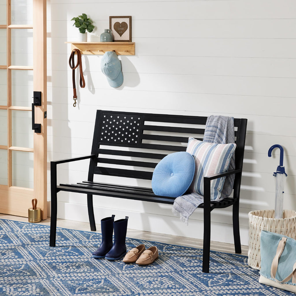 2-Person Steel Indoor/Outdoor Bench with American Flag, 790lb Capacity - Black S86507