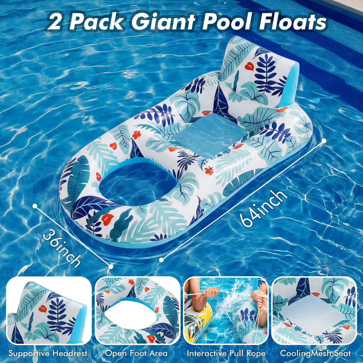 2 Pack Adult Pool Float Lounger with Cup Holders D228