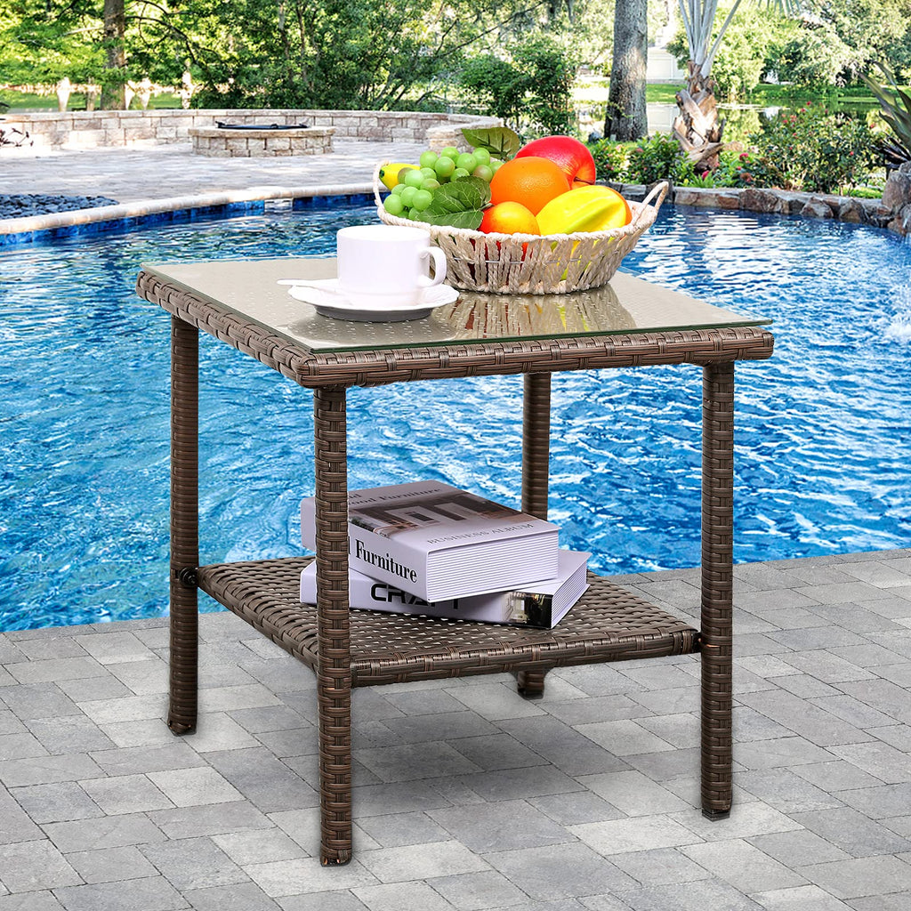 Outdoor PE Wicker Side Table with Glass Top I86818