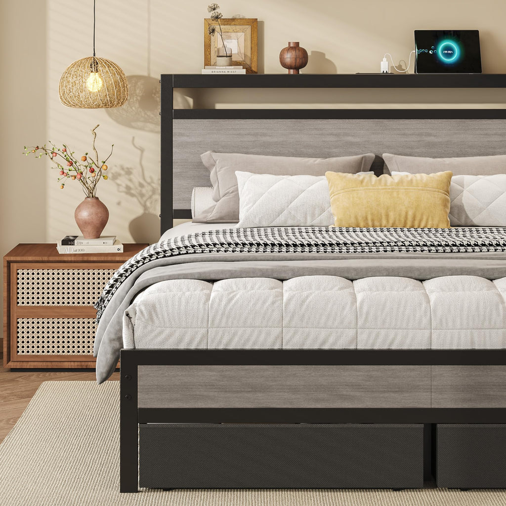 Queen Size Storage Bed Frame with Wood Headboard and LED Lights O1308
