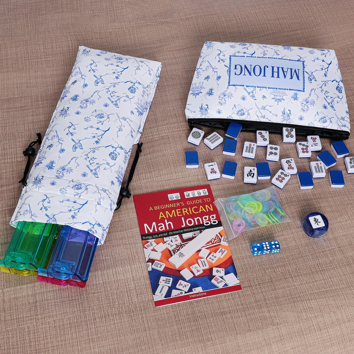 166 Blue Mahjong Tile Set with Bag and 4 All-in-One Rack/Pushers W376