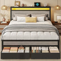 Queen Size Storage Bed Frame with Wood Headboard and LED Lights O1308