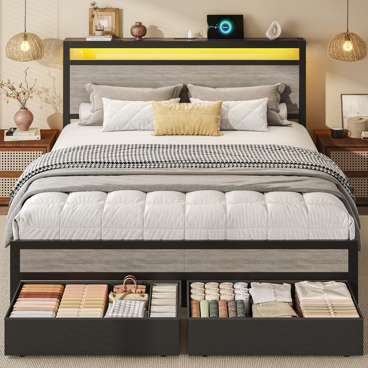 Queen Size Storage Bed Frame with Wood Headboard and LED Lights O1308